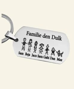 Graveren sleutelhanger Titanium met poppetjes, namen, datum en tekst voor een bijzonder cadeau
