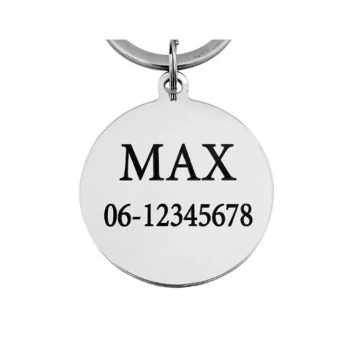 Luxuriösen Hundeanhänger gravieren mit graviertem Namen. Namensschild für Hunde mit Adresse und Telefonnummer. Hundeanhänger online in Silber kaufen.