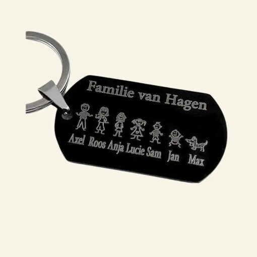 Porte-clés à graver en titane avec figurines, noms, date et texte noir