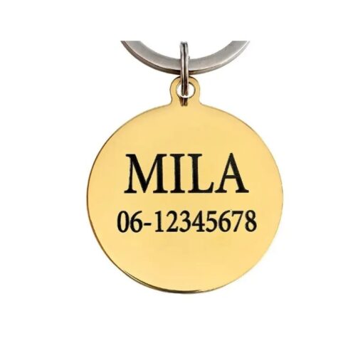 Luxuriösen Hundeanhänger gravieren mit graviertem Namen. Namensschild für Hunde mit Adresse und Telefonnummer. Hundeanhänger online in Goldfarben kaufen.