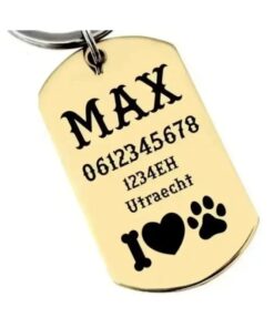 Hondenpenning bestellen id tag online laten graveren met naam Graveerbaar met naam en adres goudkleurig