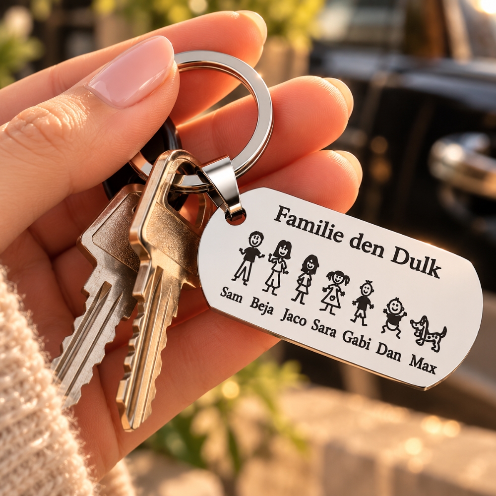Graveren sleutelhanger Titanium met poppetjes, namen, datum en tekst bijzonder cadeau zwart