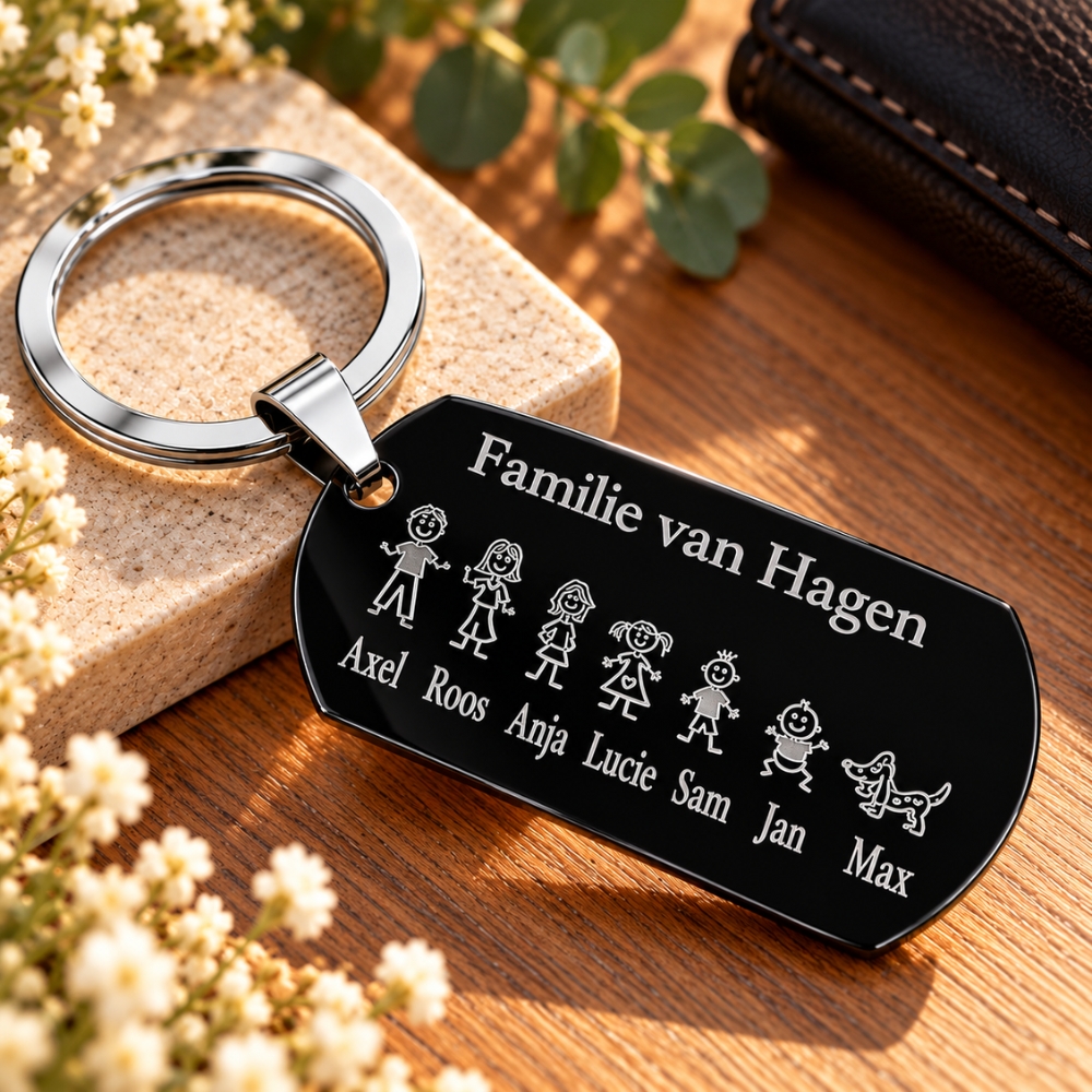 Graveren sleutelhanger Titanium met poppetjes, namen, datum en tekst bijzonder cadeau zwart