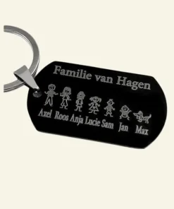 Graveren sleutelhanger Titanium met poppetjes, namen, datum en tekst voor een bijzonder cadeau