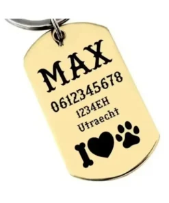 Hondenpenning bestellen id tag online laten graveren met naam Graveerbaar met naam en adres Gratis verzending Nederland en België goud