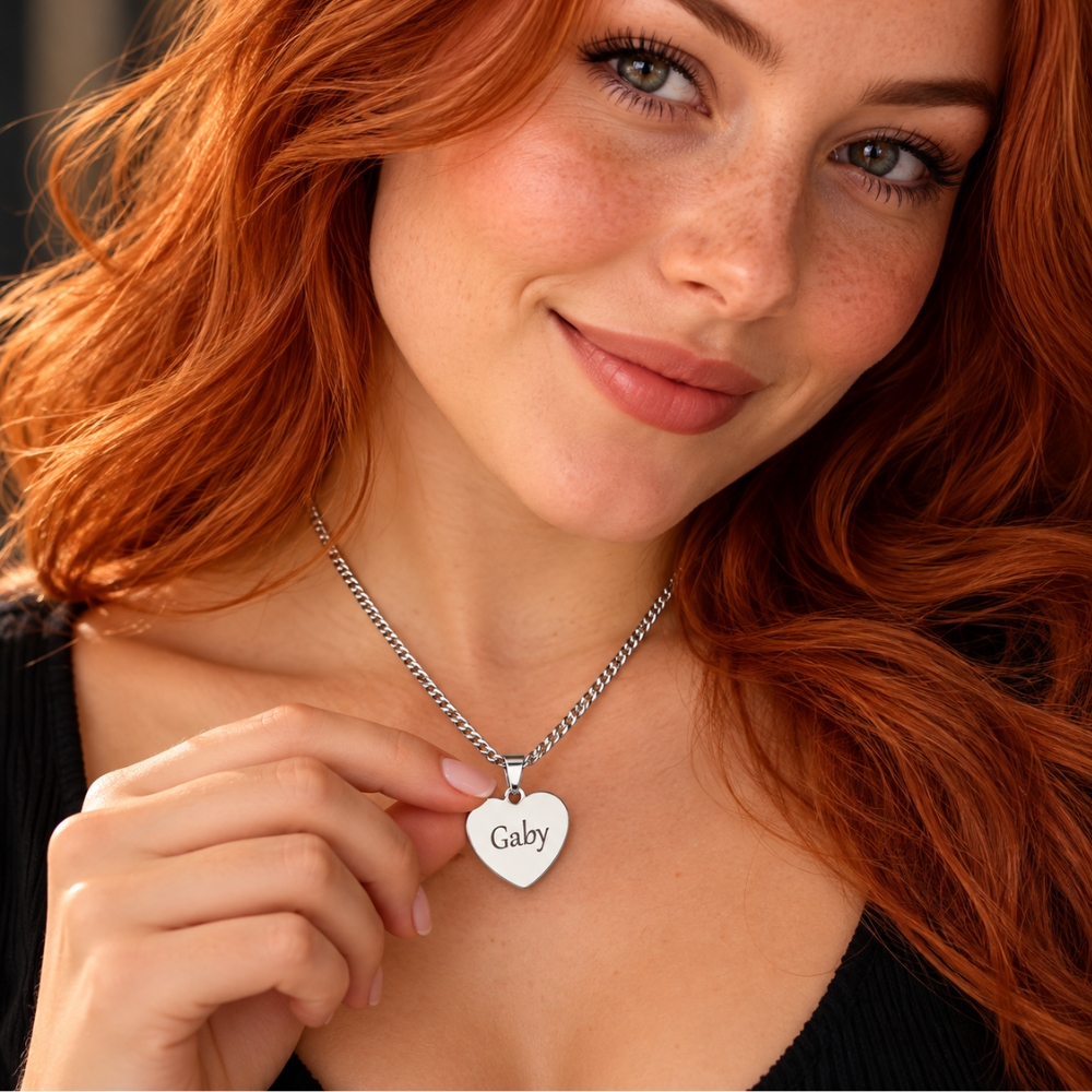 Dames ketting hartje graveren met naam of tekst Titanium zilveren kleur