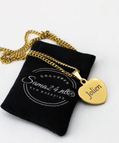 Ketting met gravering namen Sieraden graveren Gravering hartje kleur goud Een hanger graveren met naam vrouw