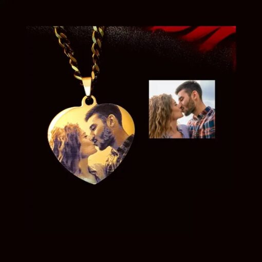 Collier avec photo et texte à graver couleur or