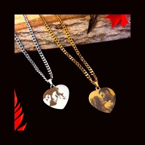 Collier avec photo et texte à graver couleur or