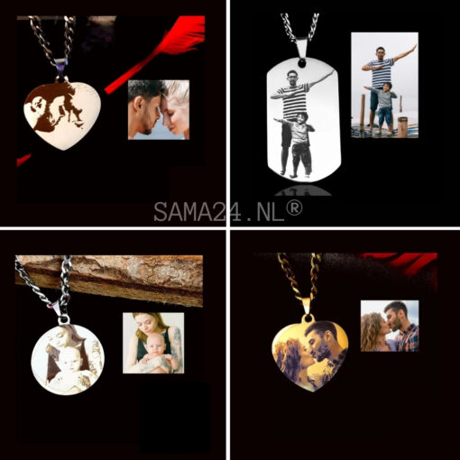 Collier avec photo et texte à graver couleur or