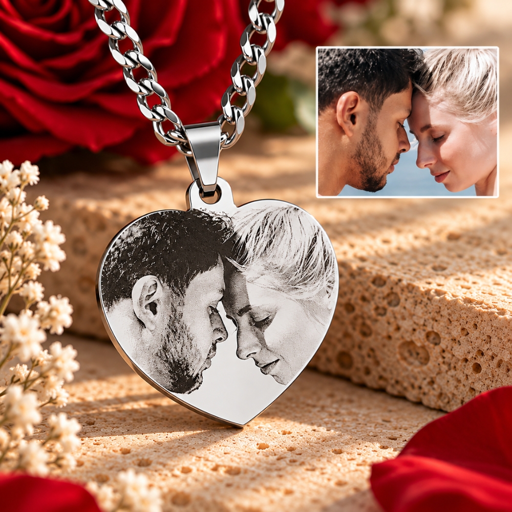 Foto ketting Fotoketting met hartje met graveerde foto zilver kleurig
