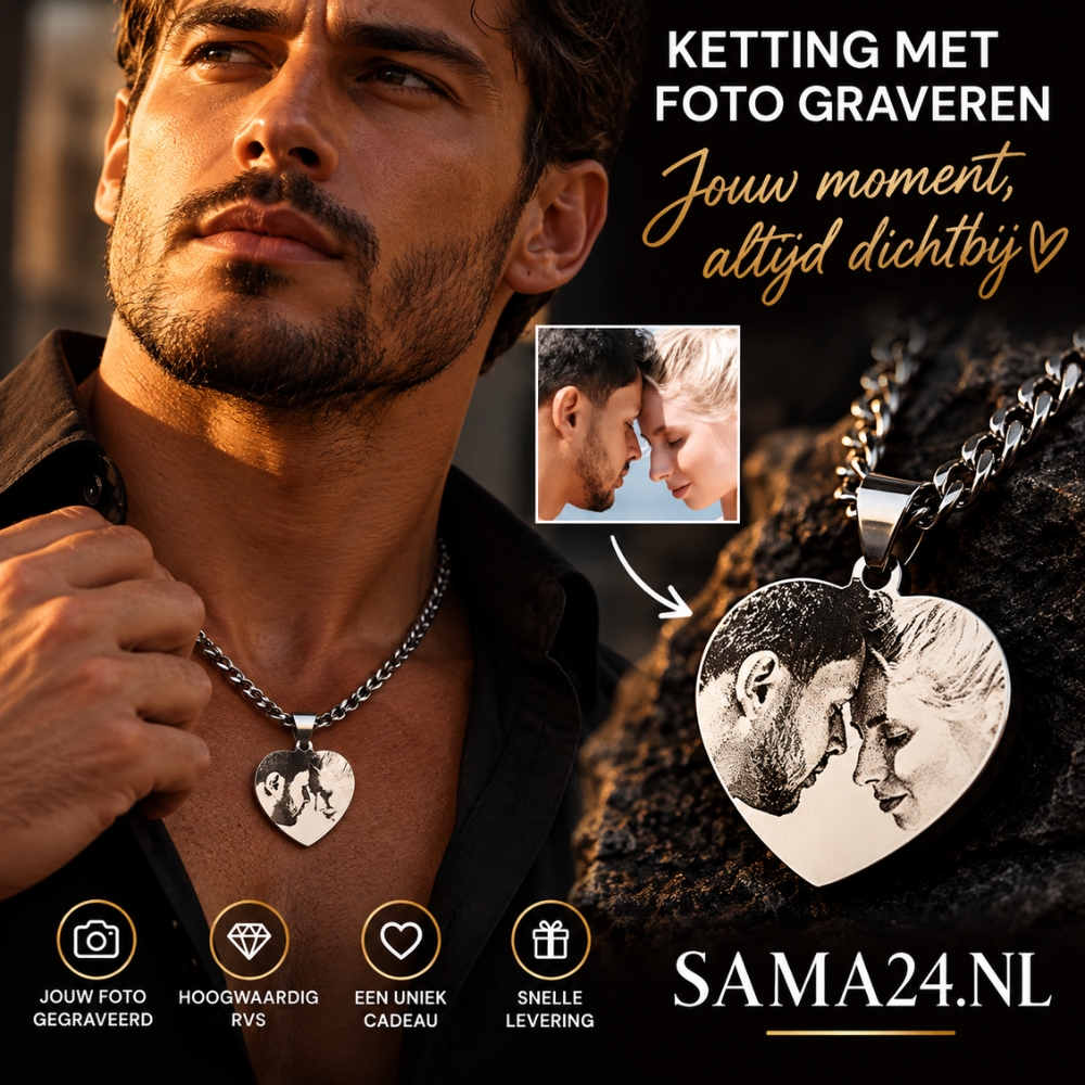 Foto ketting Fotoketting met hartje met graveerde foto zilver kleurig
