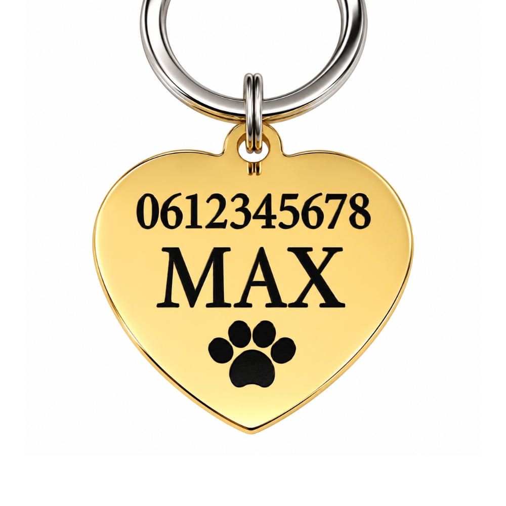 Kattenpenning met naam hartje penning voor hond en kat graveren met naam, adres en telefoonnummer goud