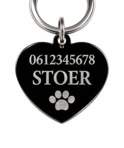 Kattenpenning met naam hartje penning voor hond en kat graveren met naam, adres en telefoonnummer zwart