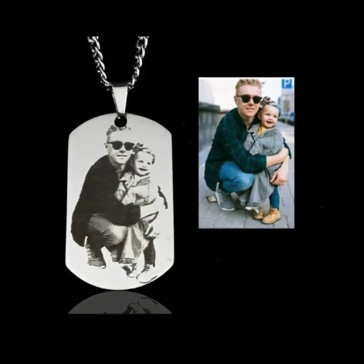 Collier homme à graver avec pendentif photo Bijoux couleur argent plaque militaire homme avec photo