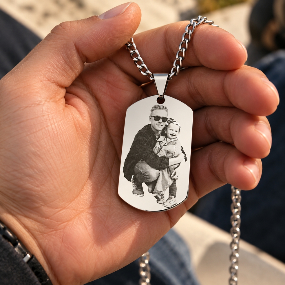 Heren ketting graveren met hanger met foto Zilver kleurig sieraden mannen legerplaatje met foto