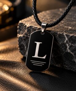 Leren heren ketting zwart Stoere graveerde zwarte hanger met letter datum of tekst
