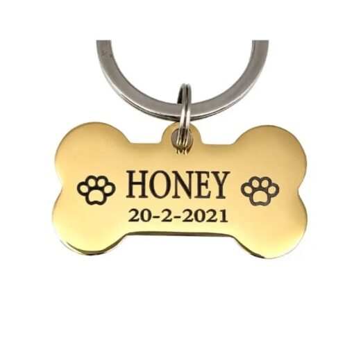 Hundemarke Knochen graviert für Hund mit Name, Adresse und Telefonnummer Gold