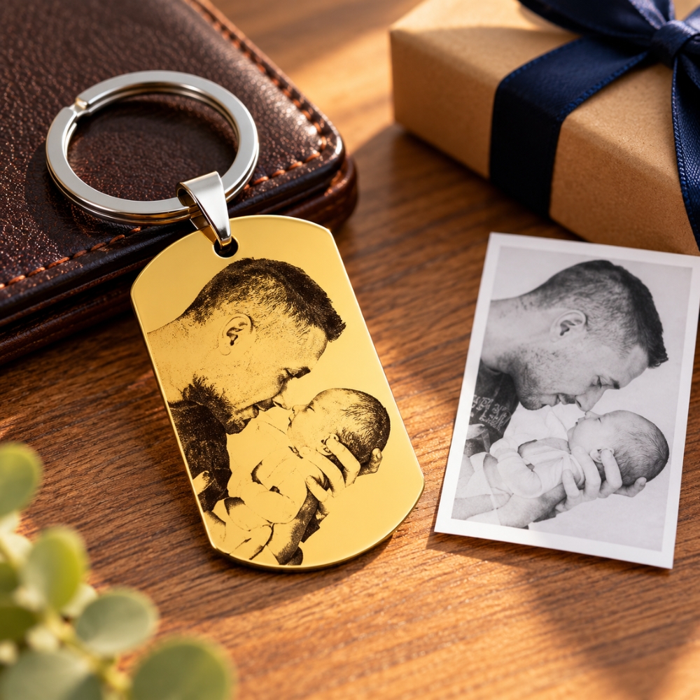 Llavero personalizado Love con foto y texto grabados Etiqueta de identificación personalizada dorada