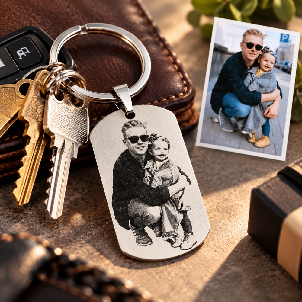 Llavero personalizado Love con foto y texto grabados Etiqueta de identificación personalizada plateada