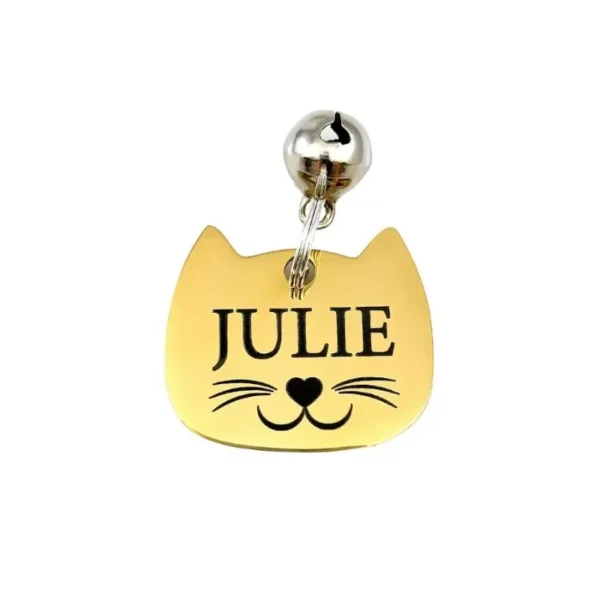 Stevige Kattenpenning graveren met naam en adres met klein belletje voor aan de kattenhalsband met telefoonnummer online bestellen goud