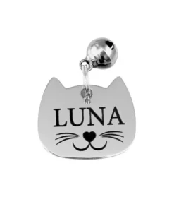 Sturdy Cat Tag engraved with name and address, with small bell for cat collar, with phone number, order online silver