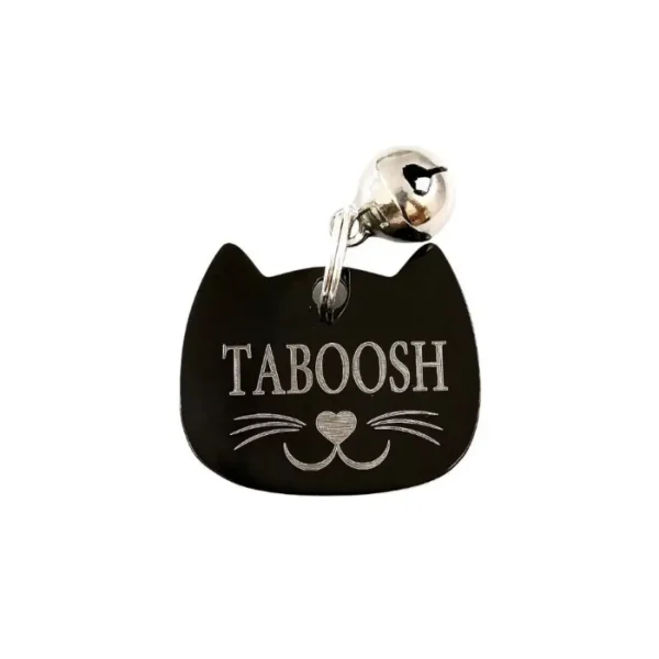 Médaille robuste pour chat à graver avec nom et adresse avec petite clochette pour collier de chat avec numéro de téléphone à commander en ligne - noir