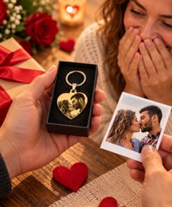 Sleutelhanger met foto en tekst gegraveerd Uniek cadeau zelf ontwerpen goud kleur