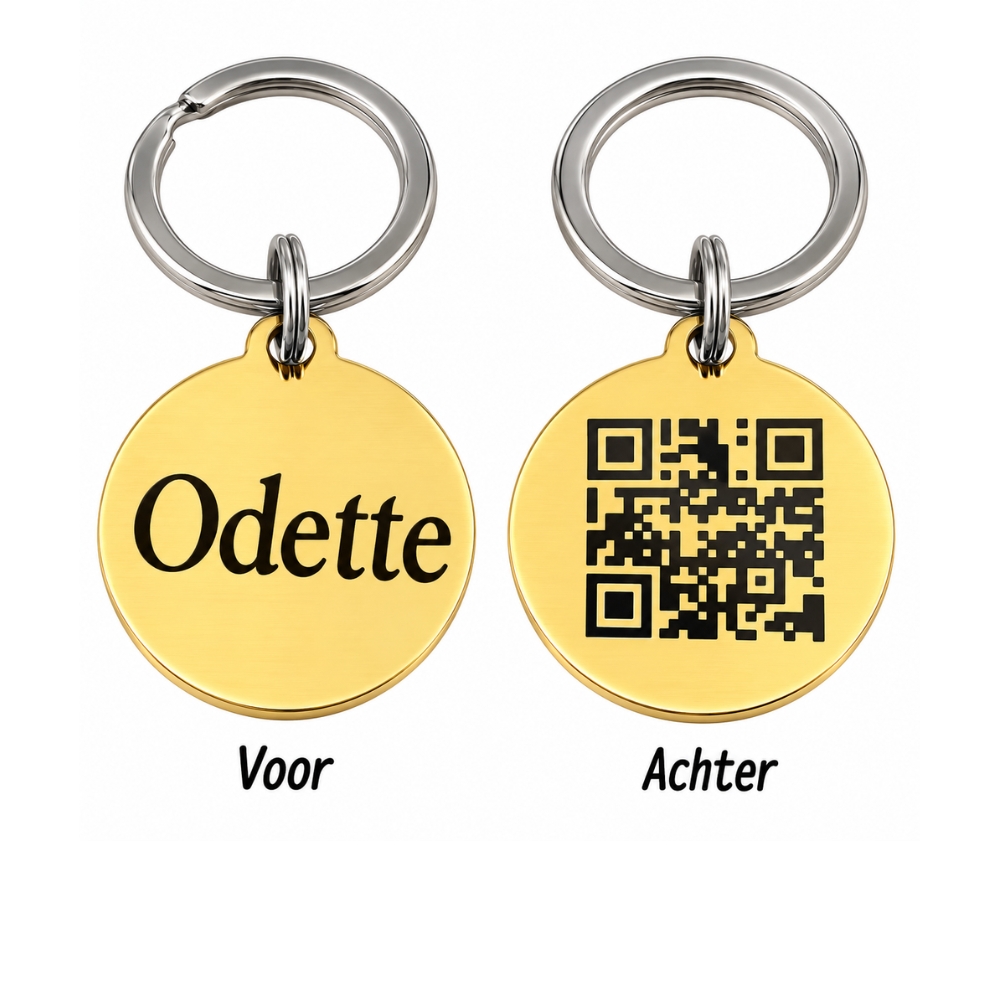 Dierenpenning QR code voor hond en kat graveren met naam goud