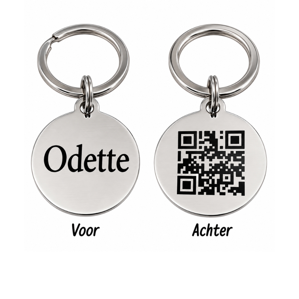 Dierenpenning QR code voor hond en kat graveren met naam zilver
