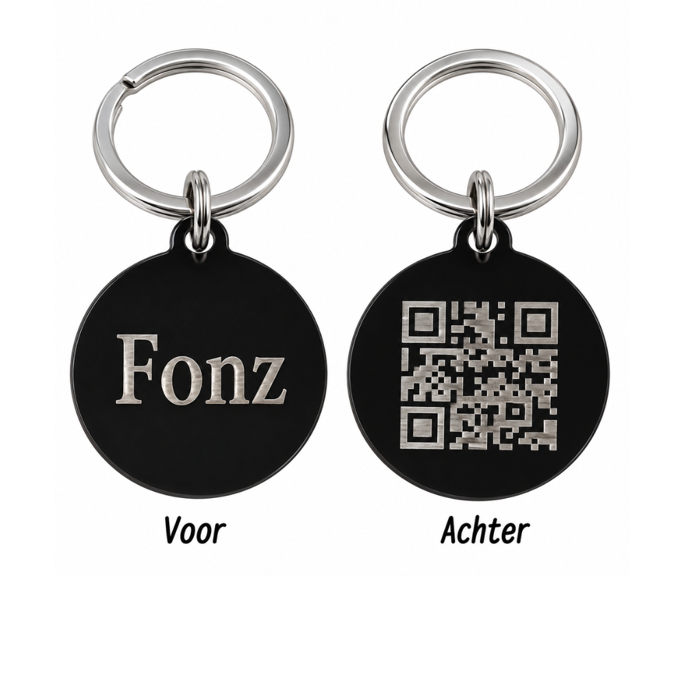 Dierenpenning QR code voor hond en kat graveren met naam zwart