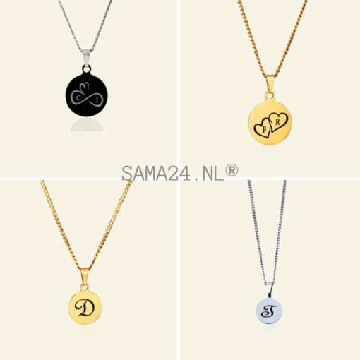 Ketting met letter Titanium ronde hanger laten graveren zilver kleurig S, J ,M of I