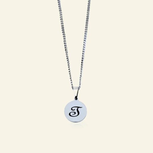 Ketting met letter Titanium ronde hanger laten graveren zilver kleurig S, J ,M of I