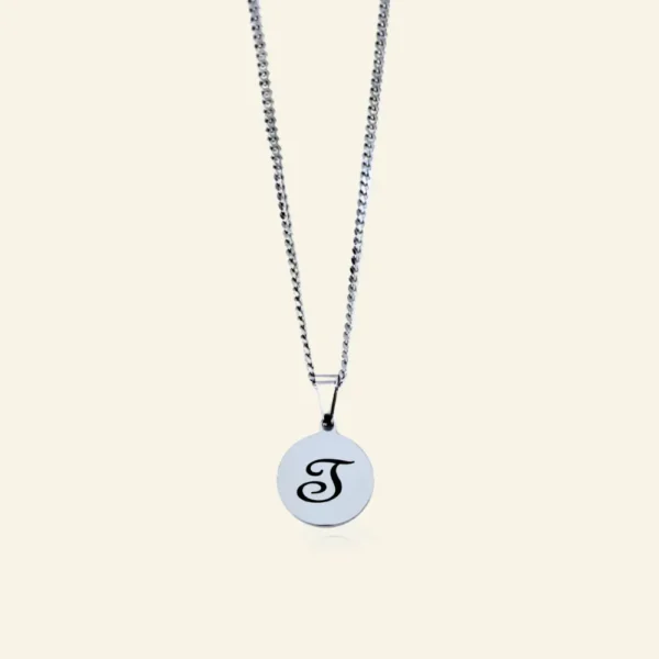 Ketting met letter Titanium ronde hanger laten graveren zilver kleurig S, J ,M of I