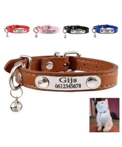 Kattenhalsband met naam, gepersonaliseerde halsbandjes voor katten of kitten telefoonnummer en belletje graveren bruin