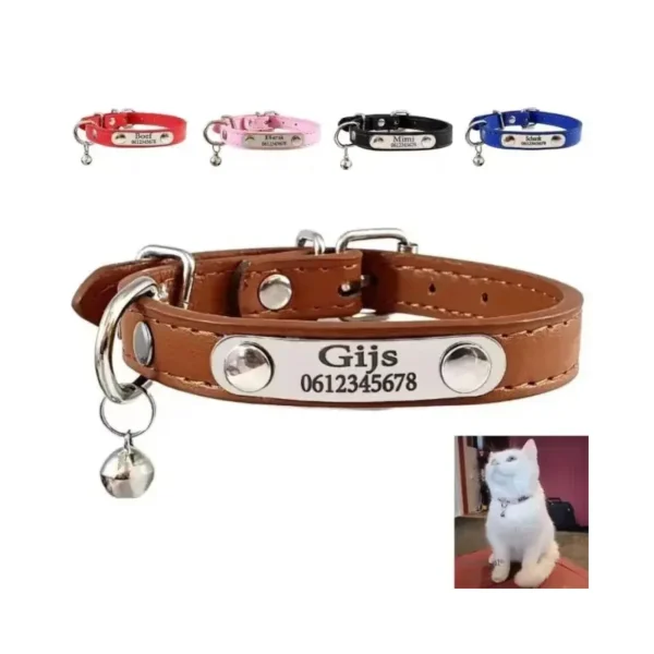 Collier pour chat avec nom, gravure du numéro de téléphone et clochette Collier pour chat avec nom, colliers personnalisés pour chats ou chatons, gravure du numéro de téléphone et clochette marron