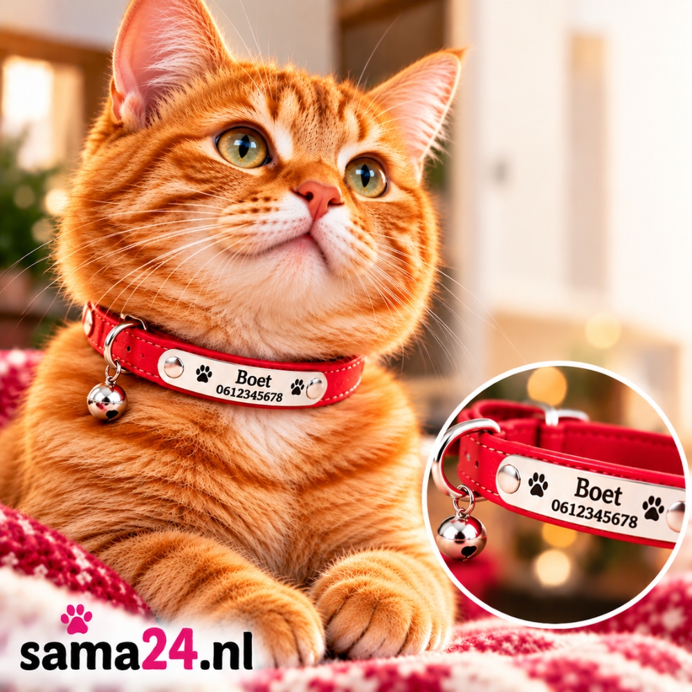 Kattenhalsband met naam, gepersonaliseerde halsbandjes voor katten of kitten telefoonnummer en belletje graveren rood