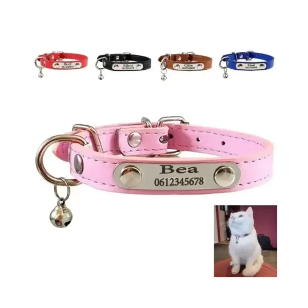 Collier pour chat avec nom, gravure du numéro de téléphone et clochette Collier pour chat avec nom, colliers personnalisés pour chats ou chatons, gravure du numéro de téléphone et clochette rose