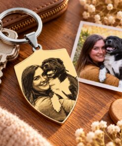 Sleutelhanger personaliseren Shield met foto graveren cadeau