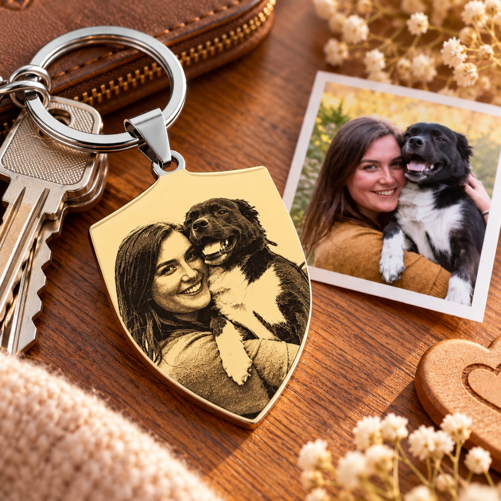 Sleutelhanger personaliseren Shield met foto graveren cadeau