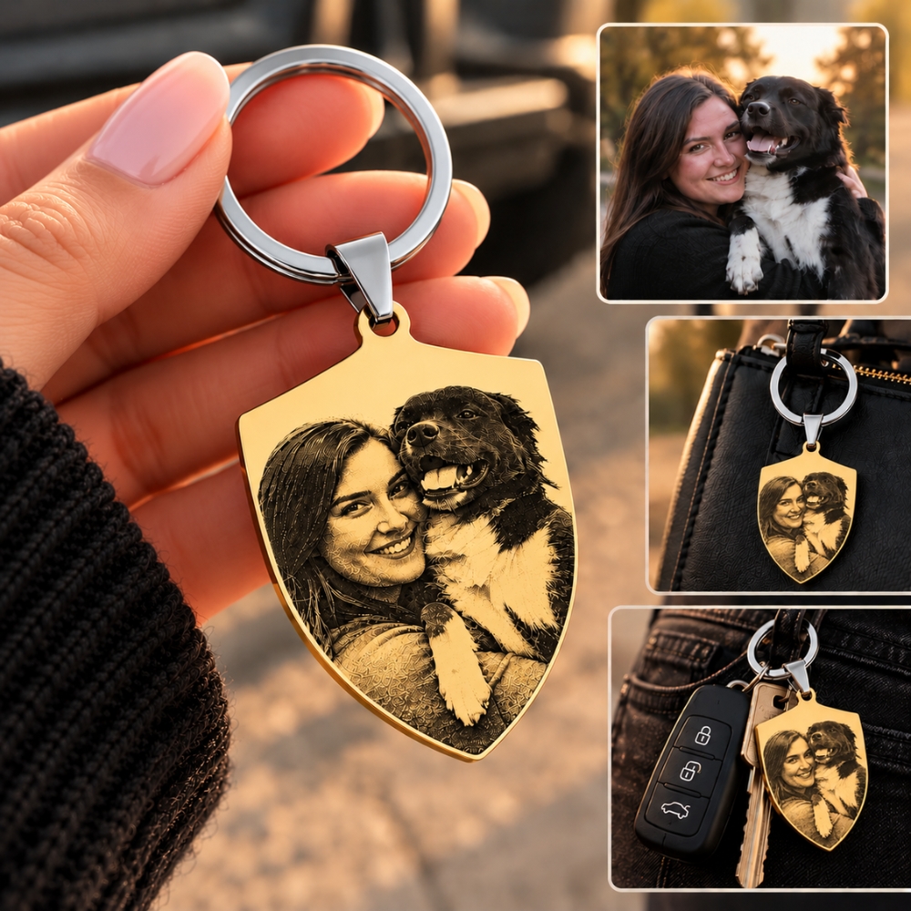 Sleutelhanger personaliseren Shield met foto graveren goud kleur