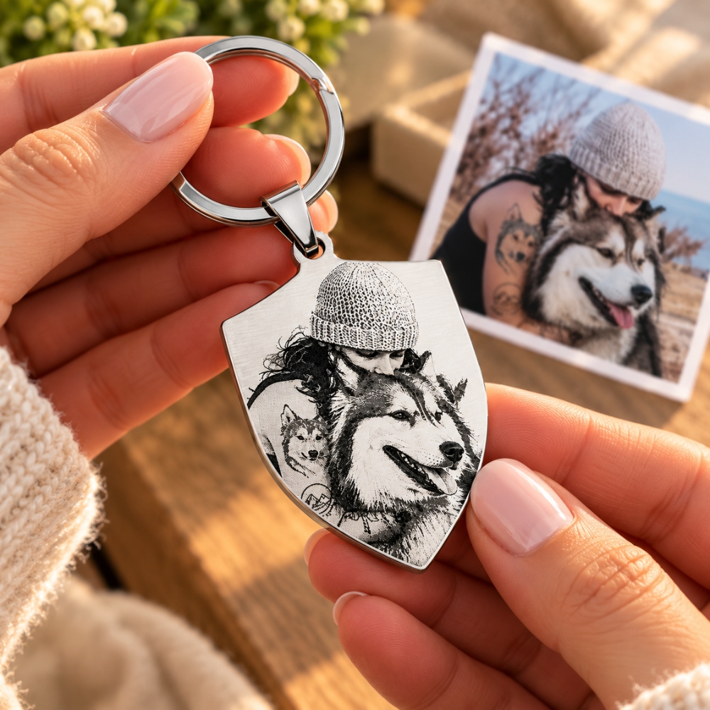 Sleutelhanger personaliseren Shield met foto graveren zilver kleur