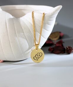 Collier avec cœurs couleur or Pendentif en titane avec initiales 2 cœurs