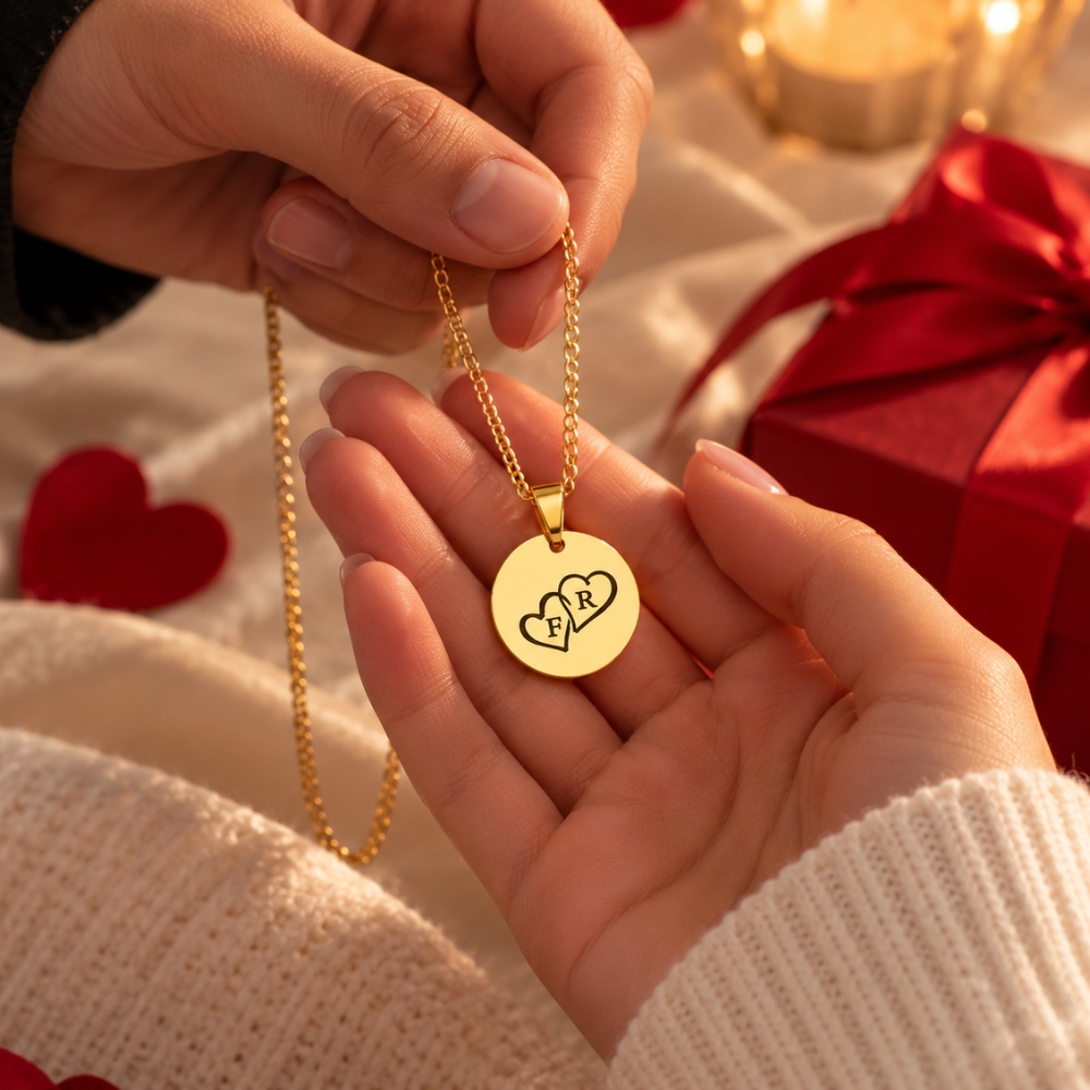 Ketting met hartjes goud kleur hanger met Initialen 2 hartjes gegraveed