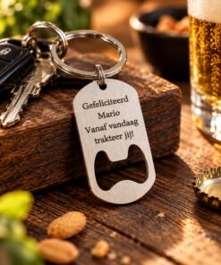 Sleutelhanger met graveerbare opener van RVS – gratis graveren aan 2 kanten